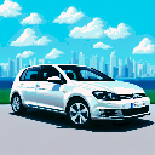 Photorealistic whole Volkswagen Golf, centered, three-quarter view, right front wheel, clean background, realistic colors, pixel art style
