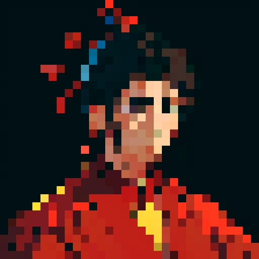 chinese boy in traditional red robe, adorned with intricate gold details, vibrant colors, crisp lines, pixelated charm, black background