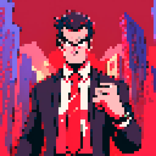 angry business CEO, pixel art, sRGB, sharp suit, furrowed brows, clenched fists, red tie, towering office building, city skyline, intense expression, fiery red background