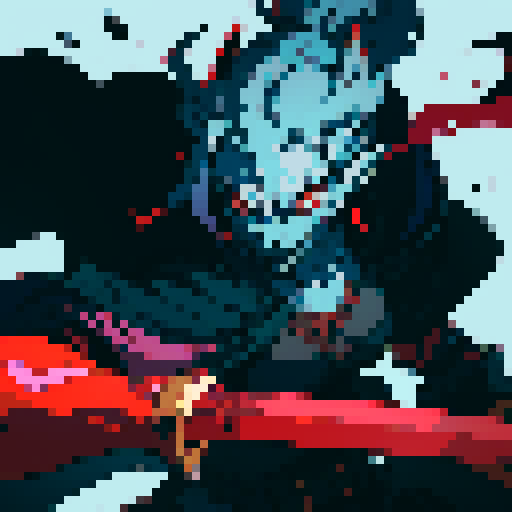 low level fantasy monster, menacingly holding a sword, with glowing red eyes, in a pixel art style