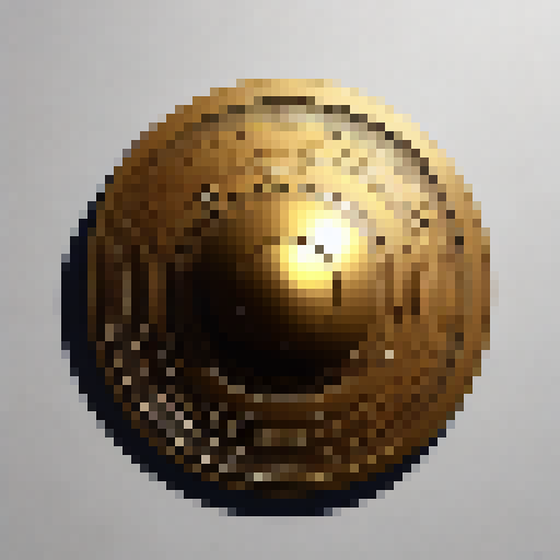 Futuristic, minimalist, metallic, and geometric. Bold lines intersect to form intricate patterns that gleam in the light. Create an image of a new unique currency coin that features a sleek, geometric design with a metallic finish, incorporating a futuristic symbol of unity, and a minimalist font for the denomination.