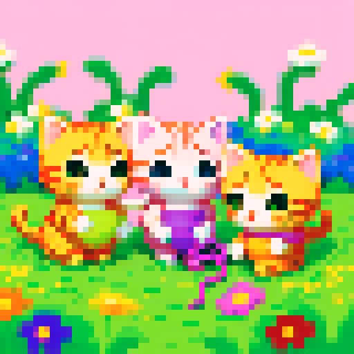 adorable kittens playing with colorful yarn, surrounded by vibrant flowers in a pixelated garden