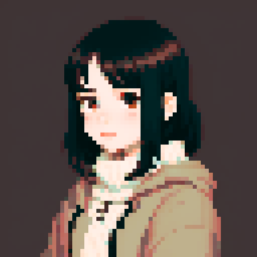 portrait, sprite art, young shy woman, cozy, cute, dark hair, dark eyes, neutral, curious, autistic, nerd