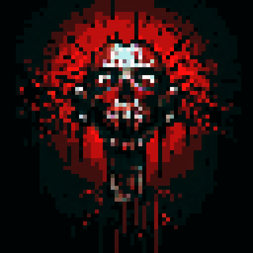 blood splatters, gory mess, pixelated gore, vibrant reds, intense contrast, gruesome scene, low-resolution violence, graphic horror, jagged edges, brutal carnage, digital bloodstains, macabre details, textured viscera, animated gore, dark and gritty pixelation
