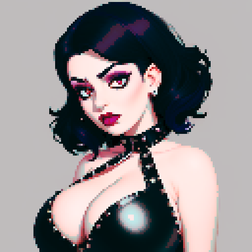 curvy, cute busty greaser goth woman's face, whole head portrait, medium length black hair, purple eyeshadow, red lipstick, low cut black studded leather halter top, studded collar, vibrant sRGB colors,