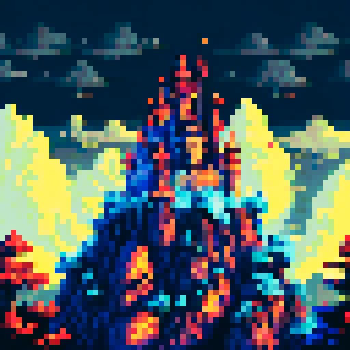 Medieval castle, towering under a dark, ominous sky, surrounded by a misty forest