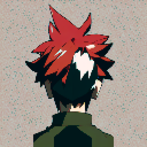 Demon slayer with fiery red hair and piercing green eyes stares fiercely at the viewer in a close-up character portrait, rendered in a vibrant anime style with intricate pixel art details.