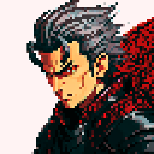 Black and red dragon, male rider, mid-length gray hair, fantasy RPG
