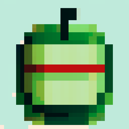 green apple, black outlines, in the center, simple pixel art, plain red colored background