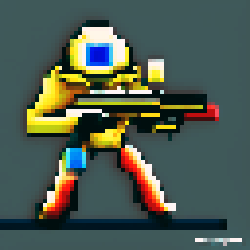 Space marine pixel character, laser rifle and futuristic helmet, galactic colors, full body, 64x64 pixel art size