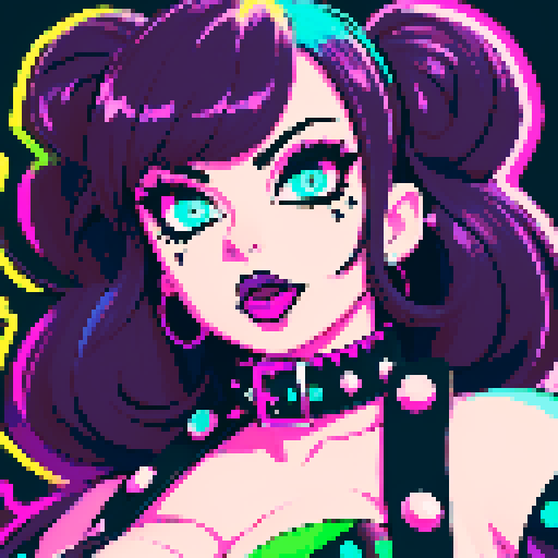 Busty curvy goth babe with studded collar, vibrant neon colors, bold outlines, and a retro sRGB color palette