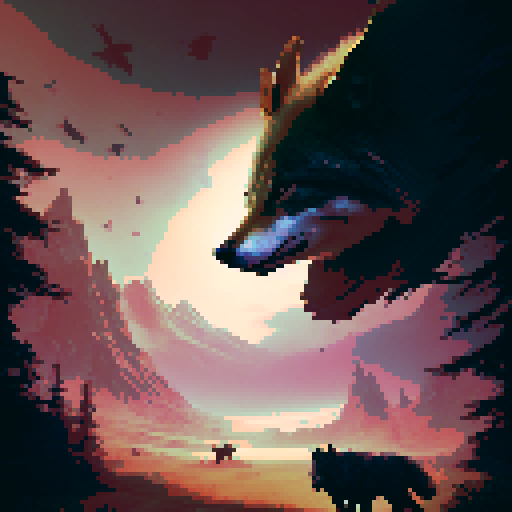 rustic, whimsical, and hand-drawn. 

        A pack of wolves sneaks through the sun-dappled fields of a rustic farm, hunting the cattle as the dark trees of the nearby woods sway ominously nearby.