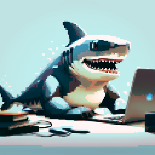shark with sharp teeth, blue laptop screen reflecting its eyes, pixelated waves crashing in the background