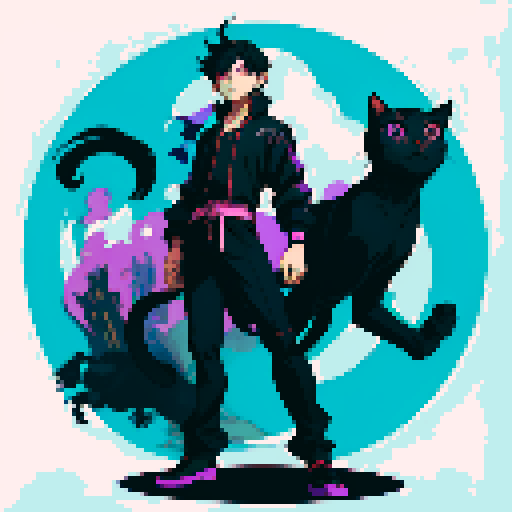 anime boy, black hair, black cat ears, purple eyes, full-body art