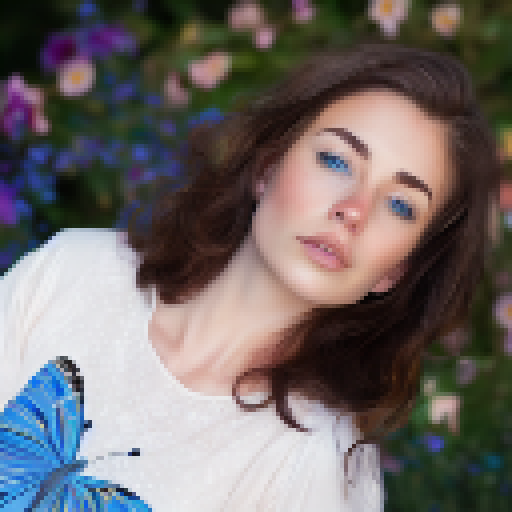 Brown-haired, blue-eyed girl in 128x128 pixel portrait style, surrounded by vibrant flowers and butterflies.