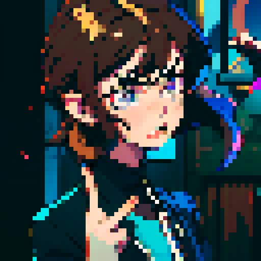 ong brown haired man, disheveled appearance, wide-eyed, frenetic energy, dilated pupils, sleep-deprived, dark circles under eyes, animated expressions, exaggerated hand gestures, vibrant colors, jagged edges, pixelated representation, 8-bit aesthetic, retro-inspired, sRGB color palette