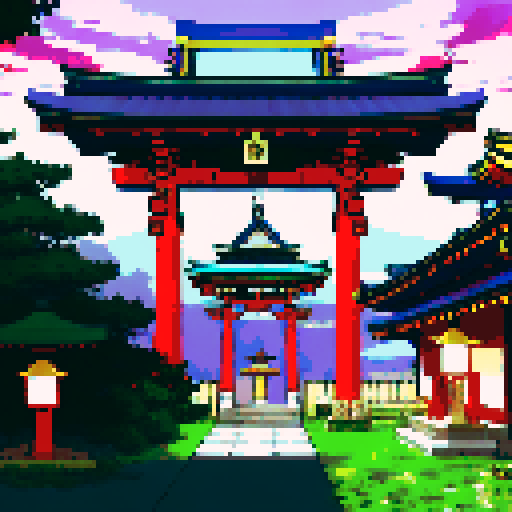 shinto shrine, vibrant colors, golden torii gate, golden collection box in background, cherry blossom trees, lanterns glowing, traditional architecture, intricate details, pixel art, sRGB