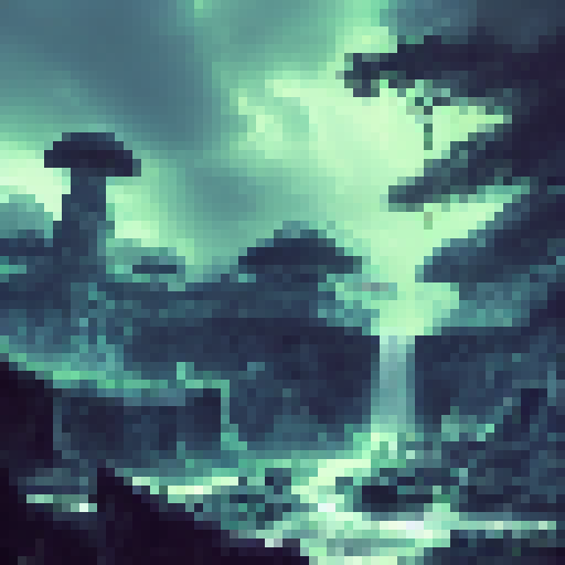 Alien jungle, glowing mushrooms, ancient ruins, sleek spaceship, ominous storm clouds, towering waterfalls.