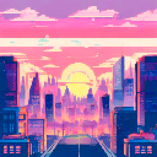 super cute pink aesthetic, sunset in the city, skyscrapers, view from the street looking up, pov perspective