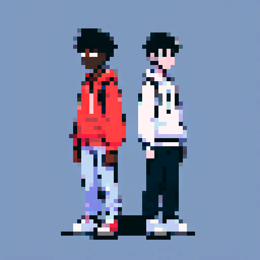 black person, asian person, white person, standing together, pixel art, sRGB