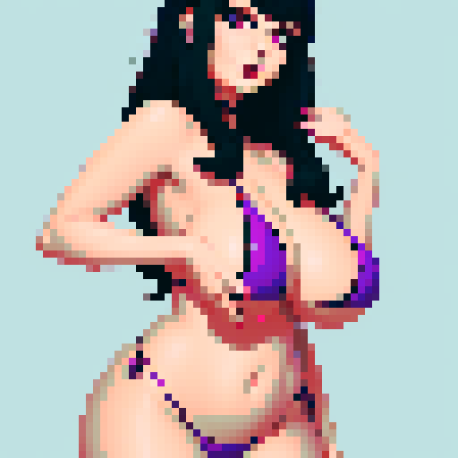 curvy, cute, goth girl, black hair, purple eyeshadow, red lipstick, Bikini. Nude glamour shot.