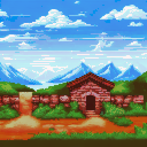 snow-capped mountains, dilapidated houses, ancient ruins, vibrant pixelated colors, sRGB palette, detailed background, awe-inspiring landscape