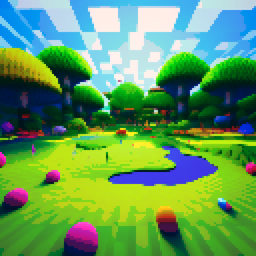 Hallucinogenic golf course, vibrant colors, swirling fairways, psychedelic trees, pixelated golfers, neon golf balls, glitchy water hazards, trippy sand traps, retro clubhouse, kaleidoscopic sky, pixel art masterpiece