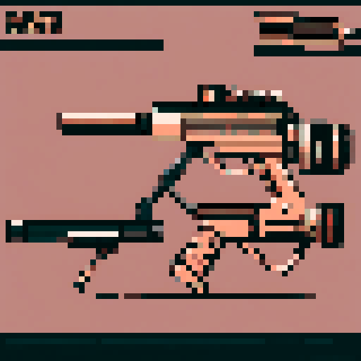 I want a copper rotary machine gun viewed from from the side. I want this object usable an asset in a videogame, meaning only one object per image, outlined with a strong black stroke, on a solid-color background.