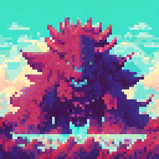 Huge, horned monster towering over a sea of tiny partygoers, all dancing to neon lights in a whimsical, surreal landscape