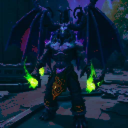 Demon hunter pixel art character, purple background, facing forward, full body, green warglaives in each hand, horns on head, purple skin, demonic glyphs on skin, world of warcraft inspired, game asset