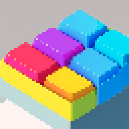 A colorful, pixelated keyboard button with vibrant, retro-inspired hues and sharp, defined edges