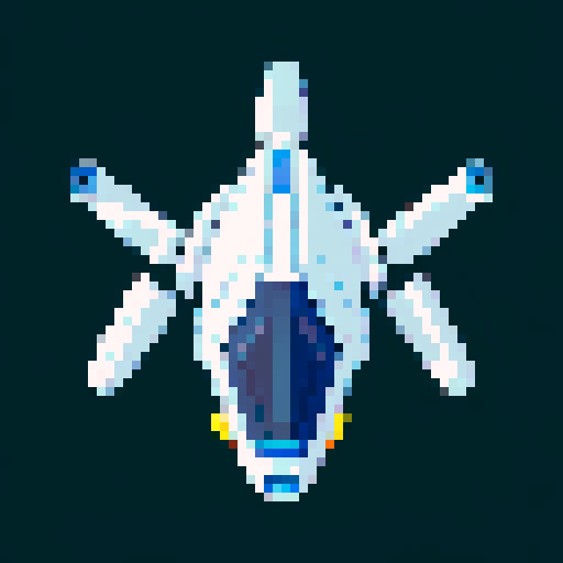 a transparent pure 2d sprite for a space game. It needs to look like the top view of a futuristic spaceship all by itself with the background transparent ,style of the 90s. The spaceship should not have any shadows.
