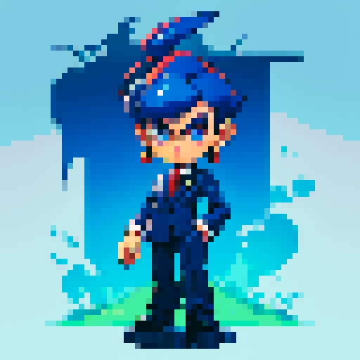 A full body character, an economist wearing a suit, megaman style, retro