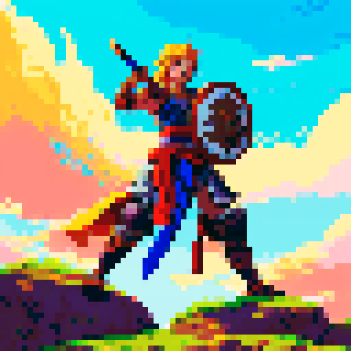 warrior, fierce, armored, wielding a mighty sword, standing on a rocky cliff, with vibrant pixelated clouds swirling in the sky, bathed in the vibrant colors of the sRGB palette