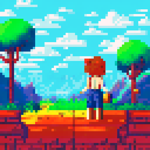 Huge breasts spill over tight crop top as flushed woman leans against pixelated brick wall, Lewd man behind with his massive member out, surrounded by vibrant sRGB landscape in pixel art style