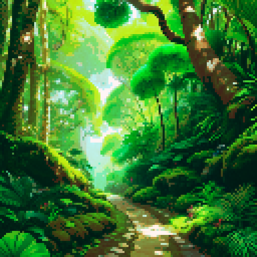 lush green foliage, towering trees, vibrant moss-covered rocks, sun-dappled path, meandering grassy trail, tropical ferns, dense undergrowth, swaying palm fronds, textured tree bark, sunlight filtering through leaves