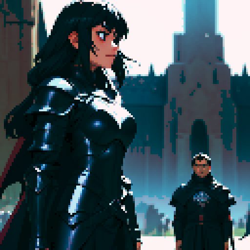 black armor, giant sword, long black hair, sexy, dark knight