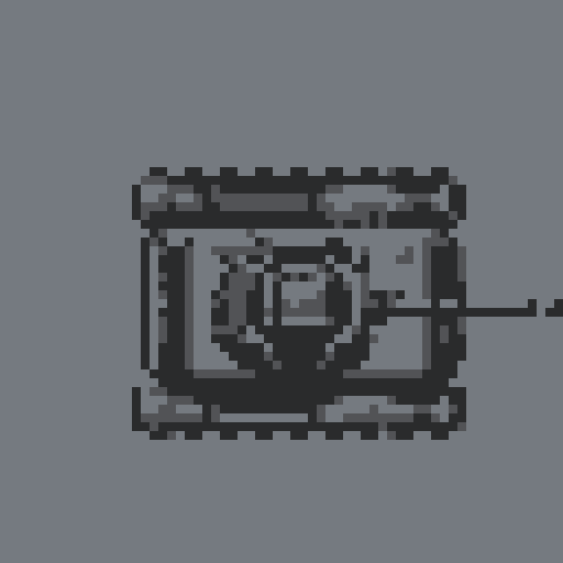 Create a 32x32 pixel top-down sprite of a military tank with a prominent turret, gun barrel, and visible treads, in a color scheme of gray, with a transparent background