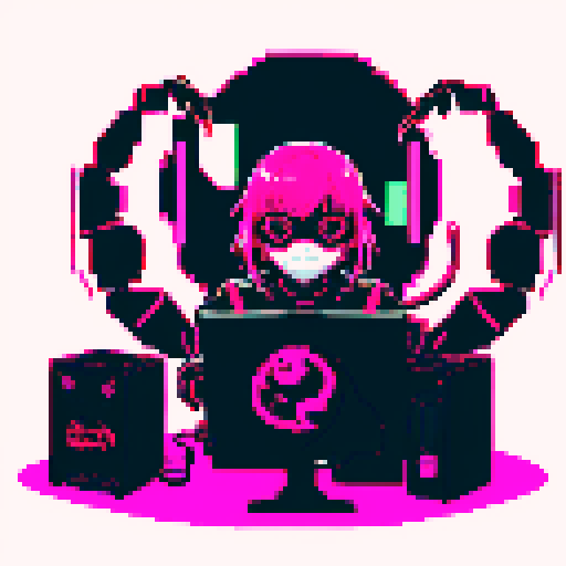 cute cyberpunk scorpion with human head, human head is from anime inspired character with short pink hair, expressive eyes, a playful smile, and a mouth mask, scorpion is playing computer games, tables with coca cola, scorpion's tail should be fully in the picture