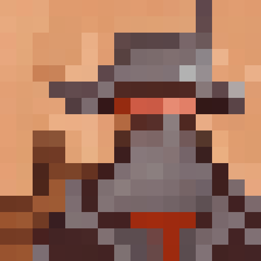 bull character, friendly expression, rosy cheeks, bright eyes, pointy bull hat, adorned buckle, distinguished brown cloak, high collar, gray undergarment, magical staff, claw-like feature, luminous orb, plain solid orange backdrop, game icon, 16x16, pixel art, close up, portrait