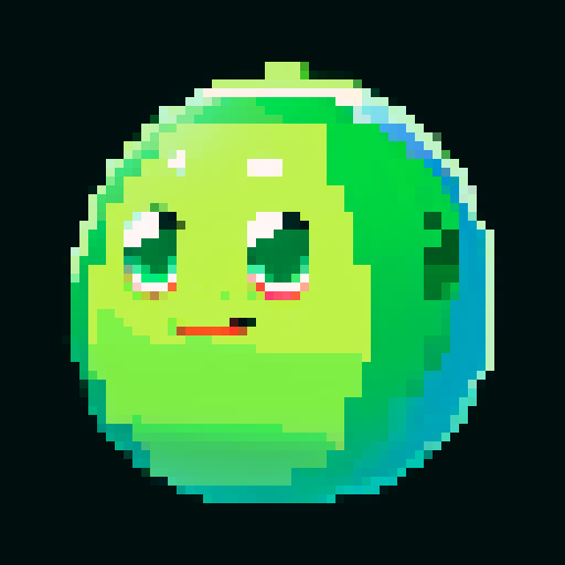 A larger, more formidable amorphous blob with a thicker, more opaque green body. It has bigger eyes and a wider smile, with more bubbles inside. No background.
