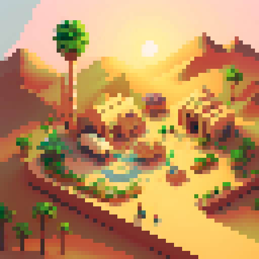 desert village, bustling market, towering sand dunes, colorful rooftops, winding narrow streets, palm trees swaying, vibrant rugs, distant oasis, golden sunsets, sandstone buildings, mosaic patterns, pixel art