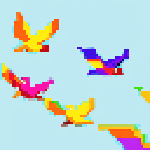 colorful, vibrant, pixelated birds, flying in a mesmerizing, sRGB palette