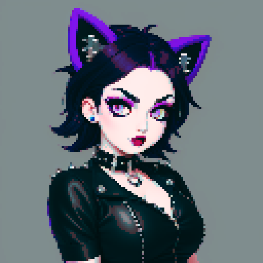 curvy, cute busty greaser goth girl's face, goth cat girl, whole head portrait, black hair, purple eyeshadow, red lipstick, low cut black studded leather halter top, studded collar, game avatar portrait, vibrant sRGB colors