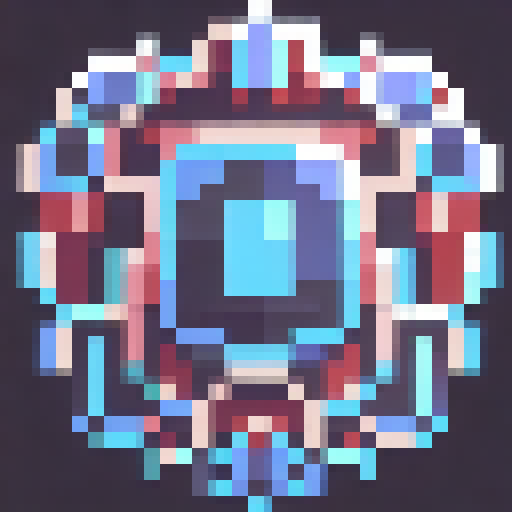 A neon-lit, triangular shield adorned with circuitry patterns and graffiti, reflecting the dystopian cityscape in the background.