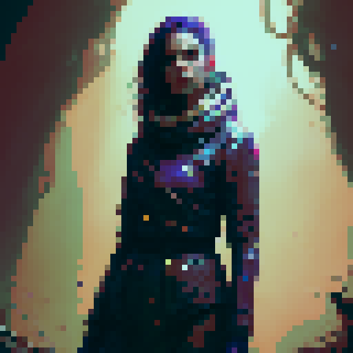 female zombie, flowing dress, standing, forest, dusk, pixel art, sRGB
