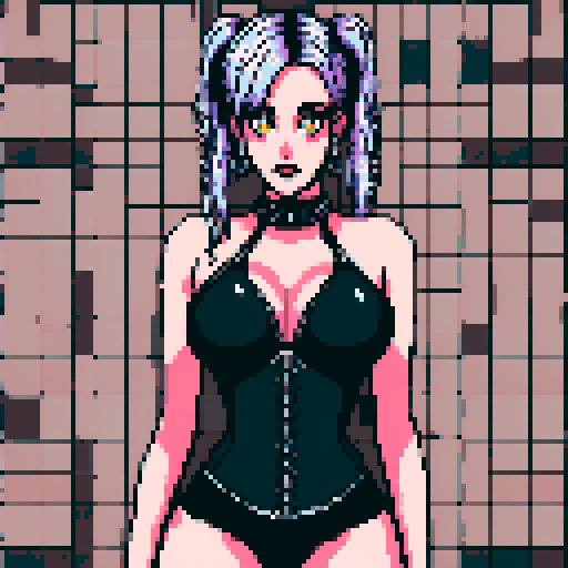 curvy, seductive busty goth babe with studded collar, hair in buns, aroused nude big titty goth in a close-up nude glamour shot, wearing halter top, against a modern tile backsplash, pixel art, sRGB