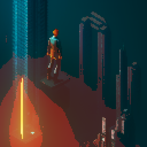 Cyberpunk hero stands atop a decrepit skyscraper gazing longingly at the scenery, a katana on his back, aetherpunk style, cyberpunk themes, blade runner 2049, neo-futurisim, pixel art
