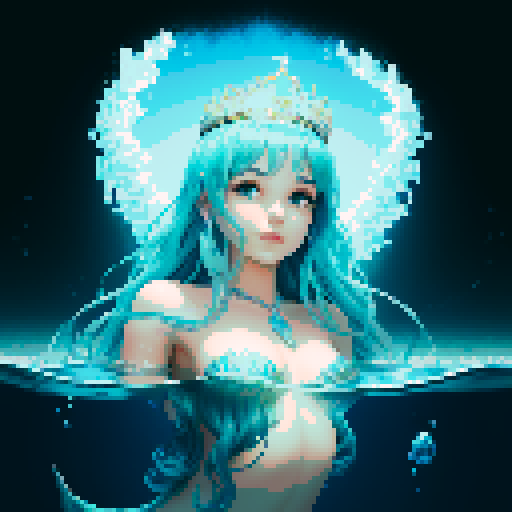 Create a close-up image of a mermaid with a crown, partially submerged underwater. Half of her face is above the water's surface, revealing her beautiful features. The underwater portion of her face should show her aquatic beauty, with the serene, mysterious ambiance of the ocean surrounding her. The crown should have an ethereal, shimmering quality, adding to her majestic presence.