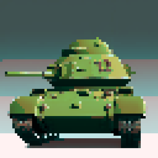 T-34-85 tank, exact side view, perfect profile, facing right, no perspective, full tank visible, no people, no background, game icon, transparent background, minimal shading
no crew, no people, no dramatic angles, no perspective, no background details